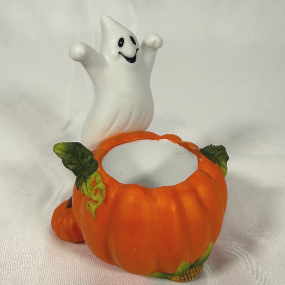 PartyLite Pumpkin Ghost Tea Light Holder Orange Halloween Decor